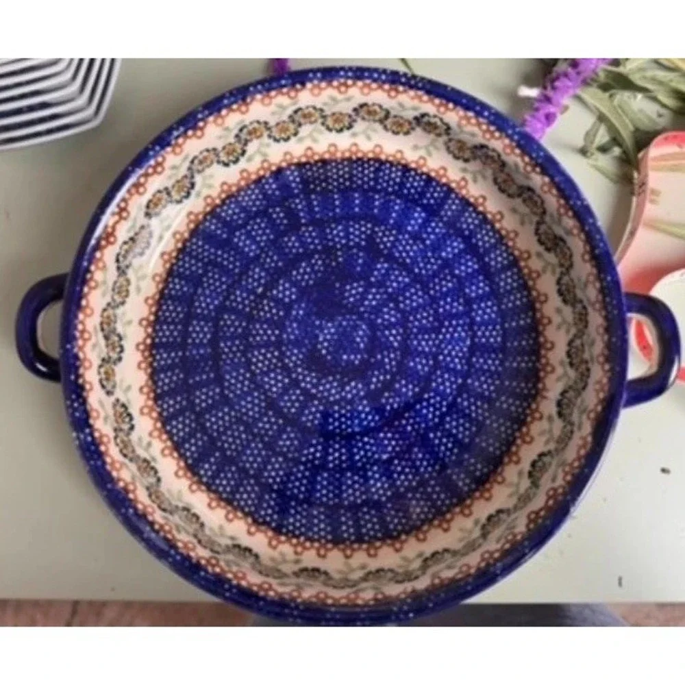 Vintage Hand-painted Serving Dish Stoneware Cobalt Blue Floral‎ Unikat Pattern